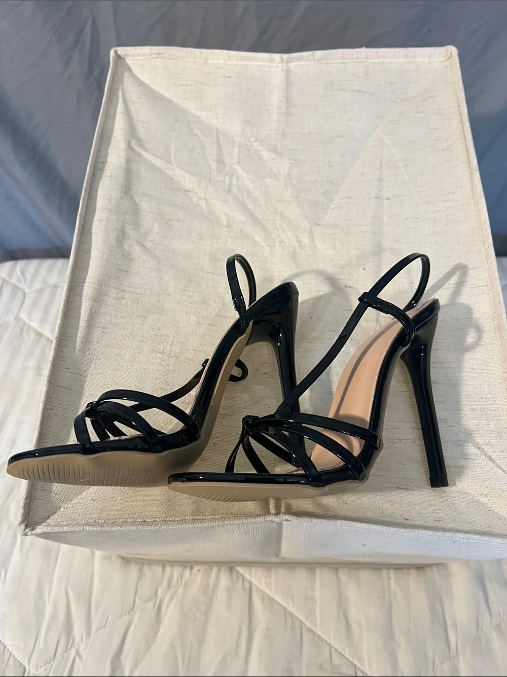 SHEIN Black Patent Strappy Heel Sandals